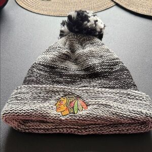 Black & Gray Knit Pom Beanie with Embroidered Patch